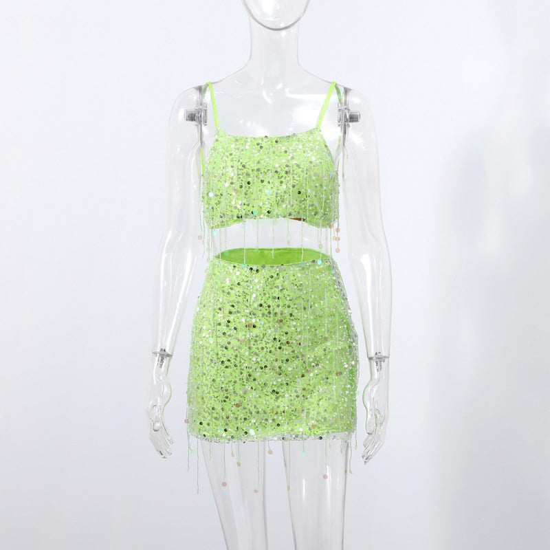 Fringed sequined Spring Holidays fringed Strap top Bodycon skirt set 6