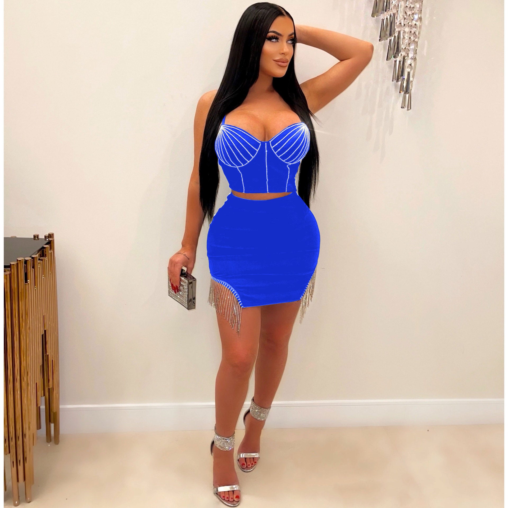 Sexy Beaded Two-Piece Straps Top And Tassels Skirt Clubwear 7