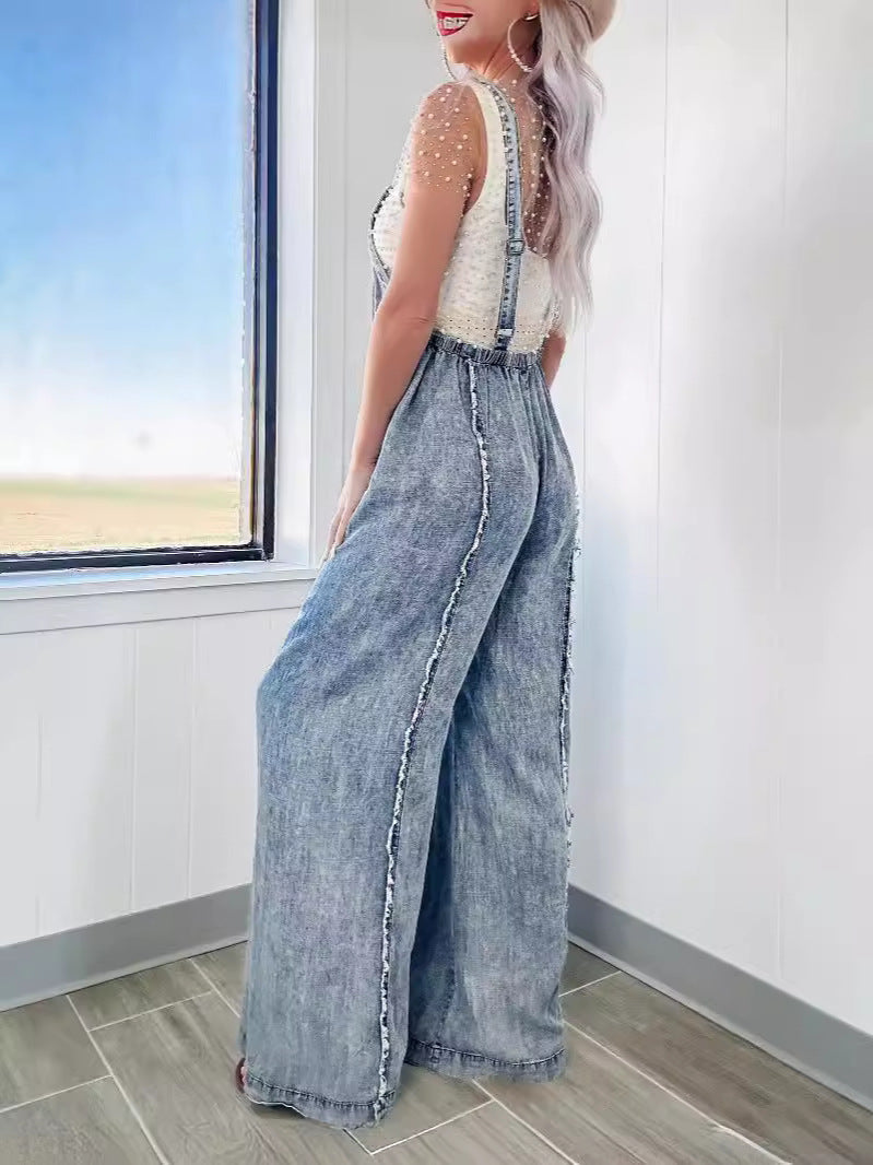 Women Spring Vintage Washed Raw Edge Wide Legs Loose Overalls 3