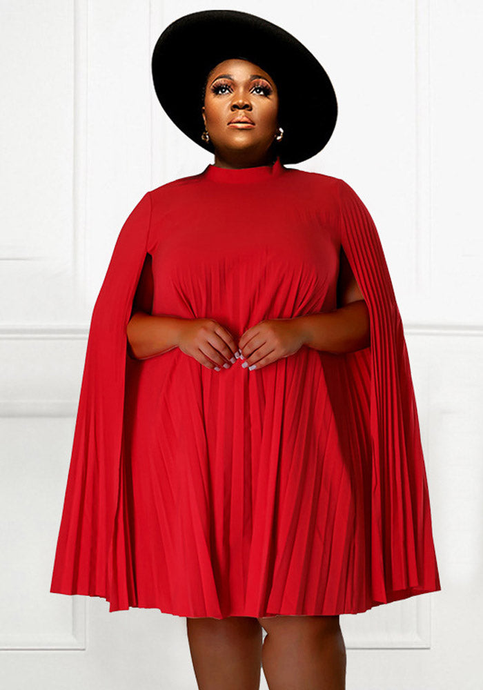 Plus Size Women Bell Bottom Sleeve Pleated Dress