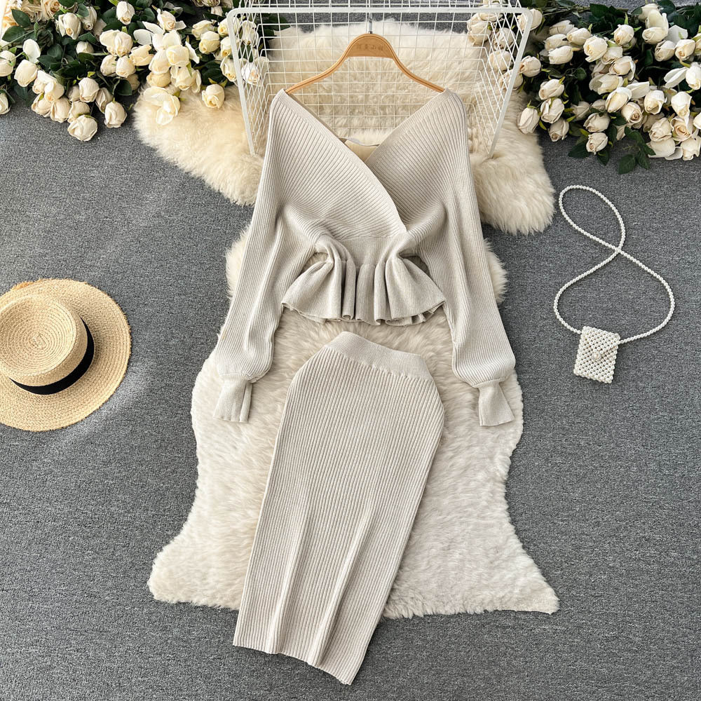 Autumn And Winter Style Suit For Women V-Neck Ruffled Short Knitting Shirt Bodycon Skirt Two-Piece Set 20