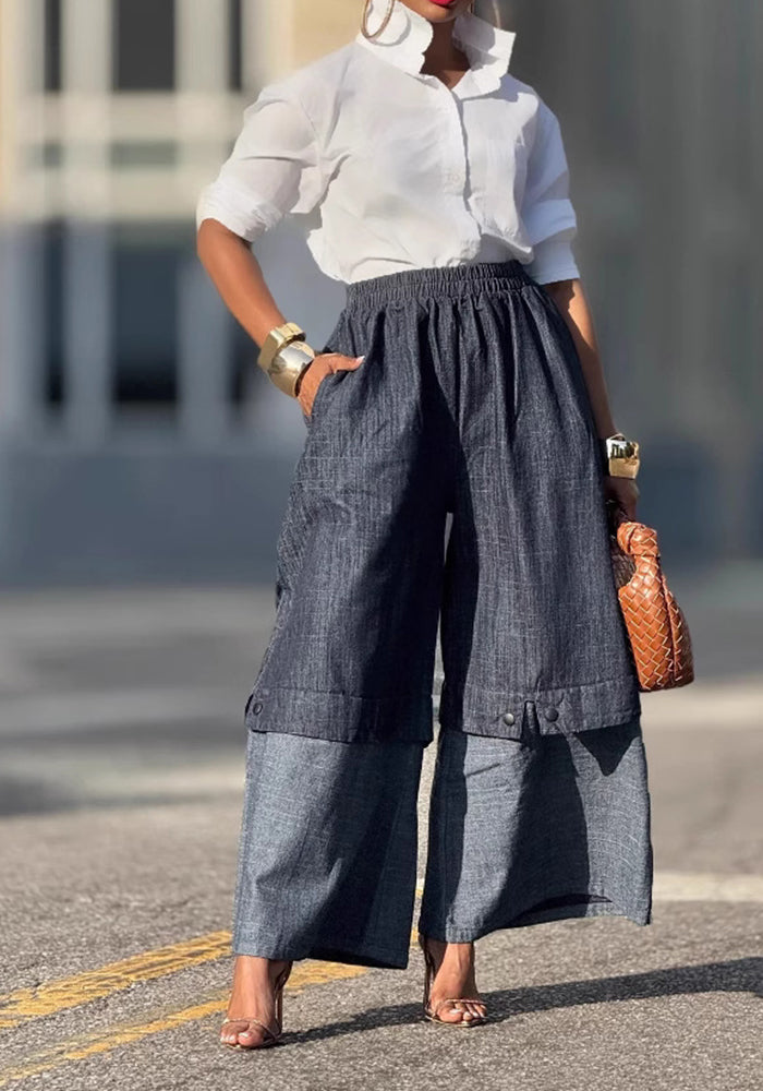 Street Style Patchwork Color-Block Wide-Leg Denim Pants