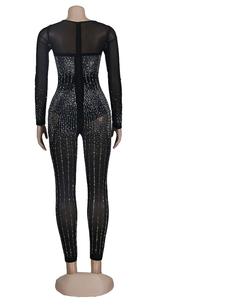 Winter Sexy Black rhinestone Beaded Patch Long Sleeve Jumpsuit 5