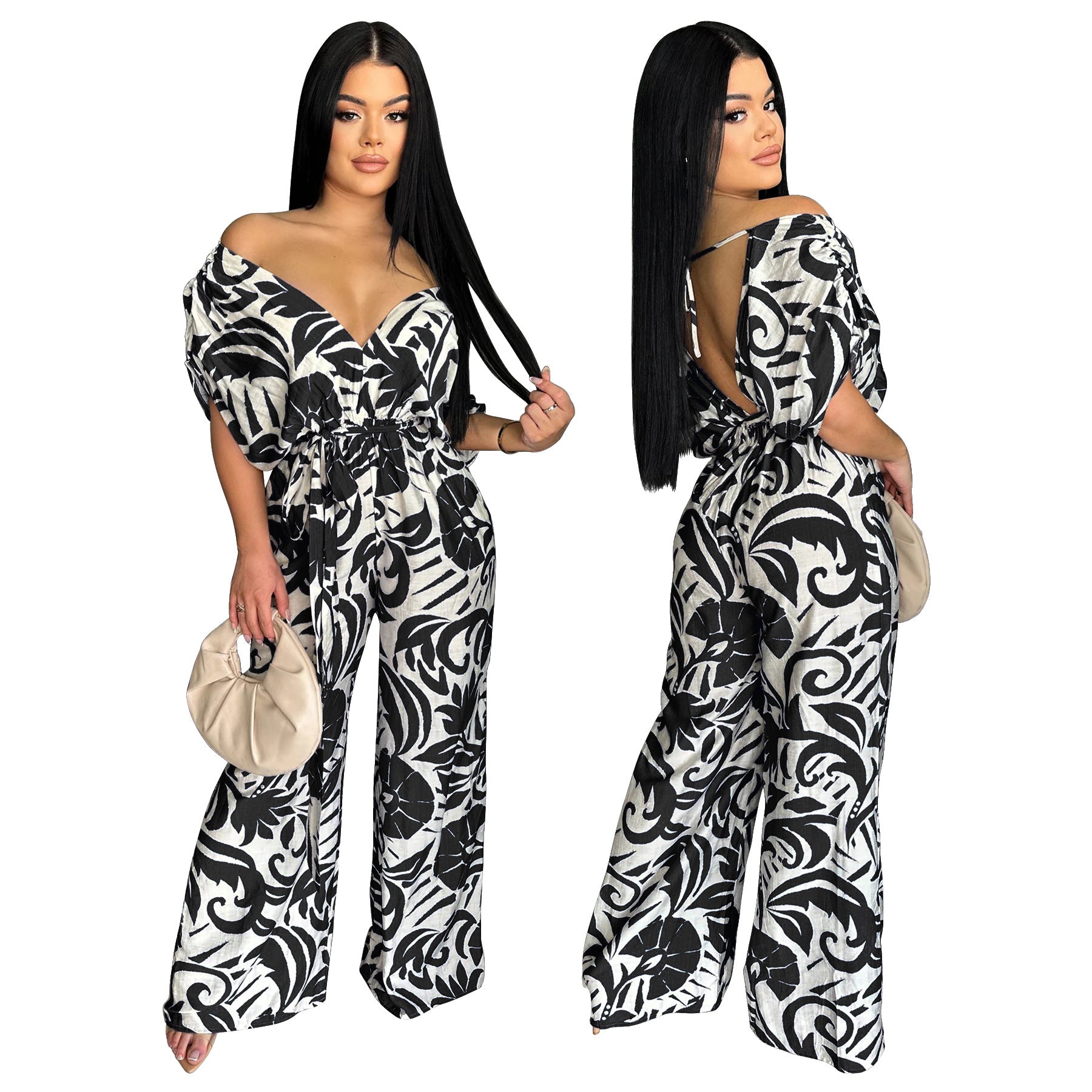 Women Off Shoulder Bat Sleeves Print Wide Leg Jumpsuit 4