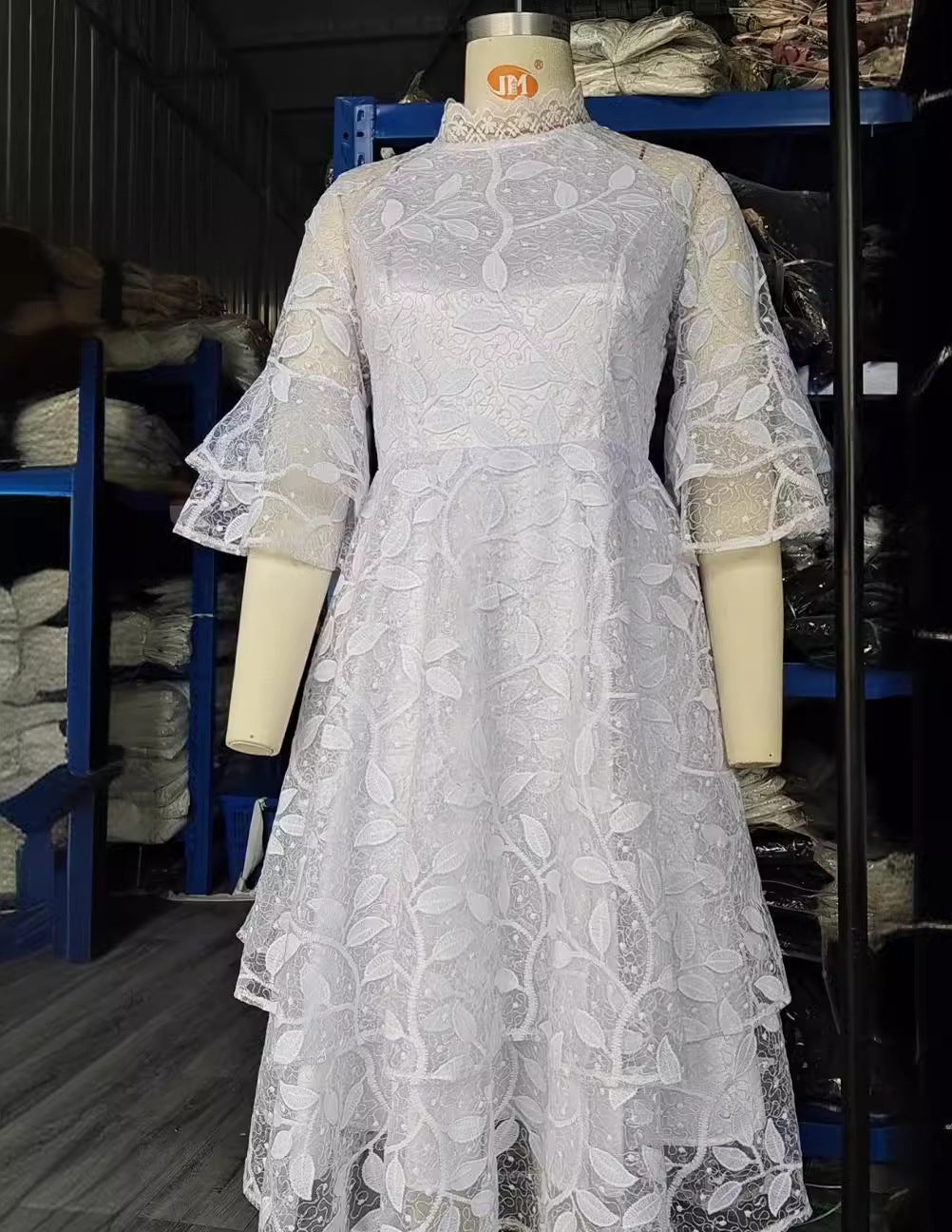 Mesh Lace Bell Bottom Sleeve High Waist Round Neck Women's Dress Evening Gown 6