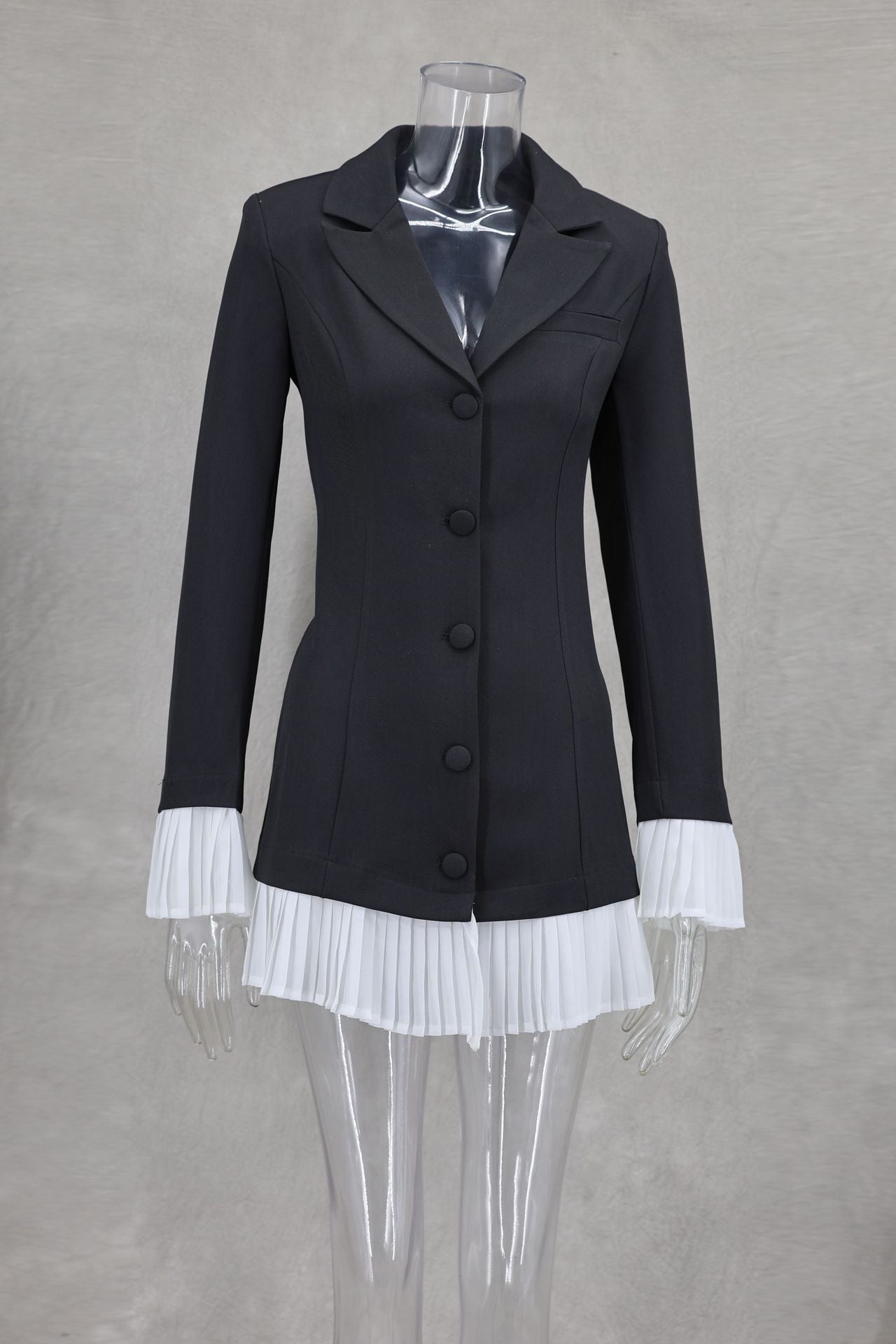 Women Spring and Summer Black and White Contrast Pleated Ruffle Blazer Dress 14