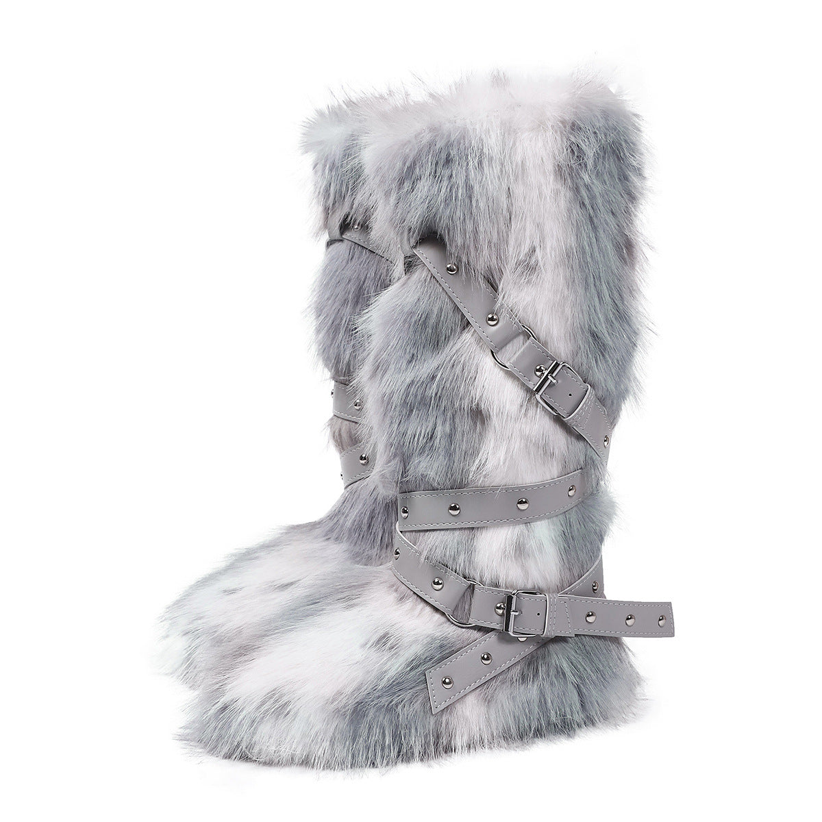 Leopard Print High Top Lace-Up Furry Boots Women Fleece-Lined Studded Thick Sole Snow Boots 4