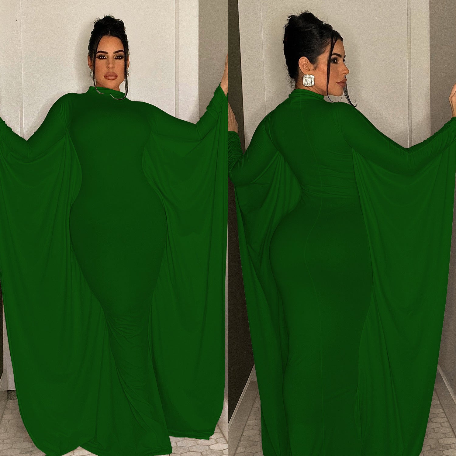 Women's fashion solid color bat style long-sleeved long dress