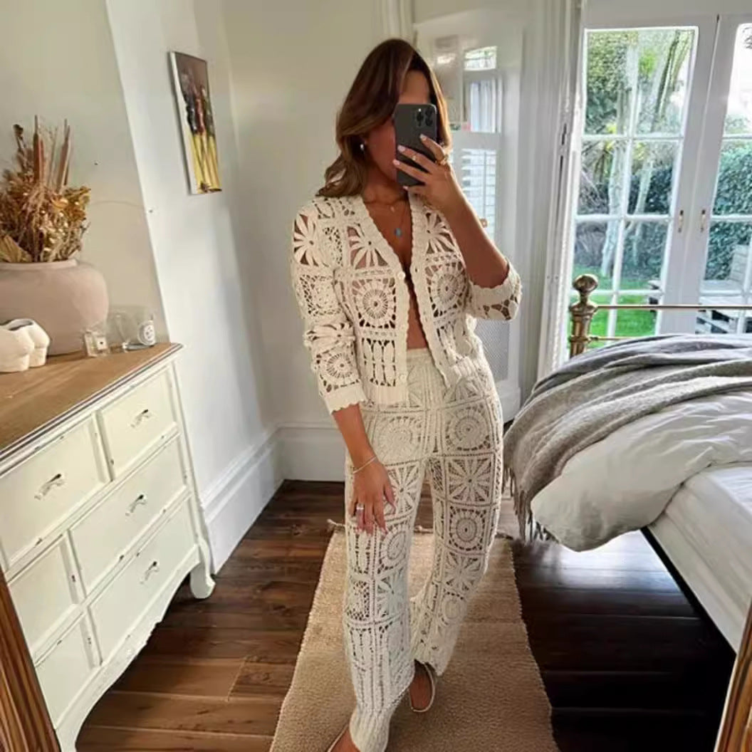 Women knitting hollow Top and Pants Two Piece Set 5