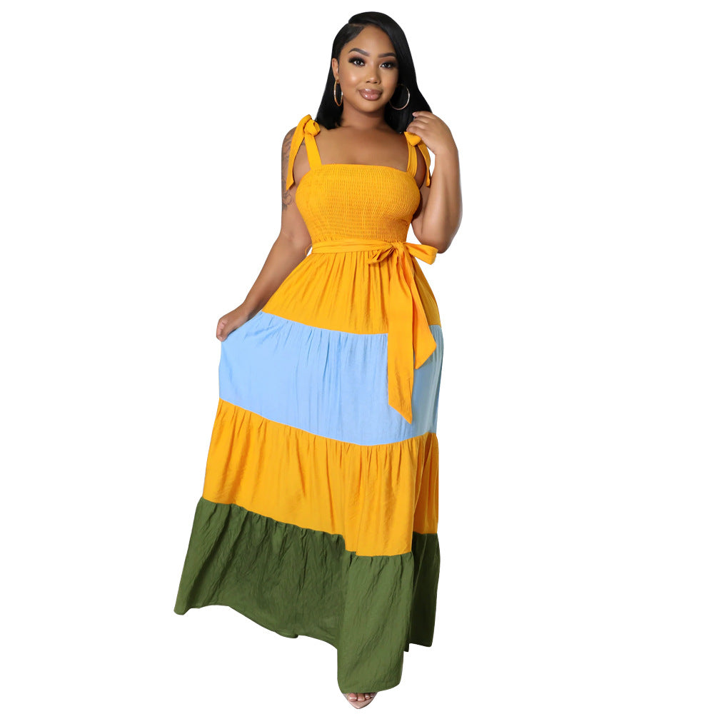 Women Summer Contrast Sleeveless Lace-Up Corset Strap Maxi Dress