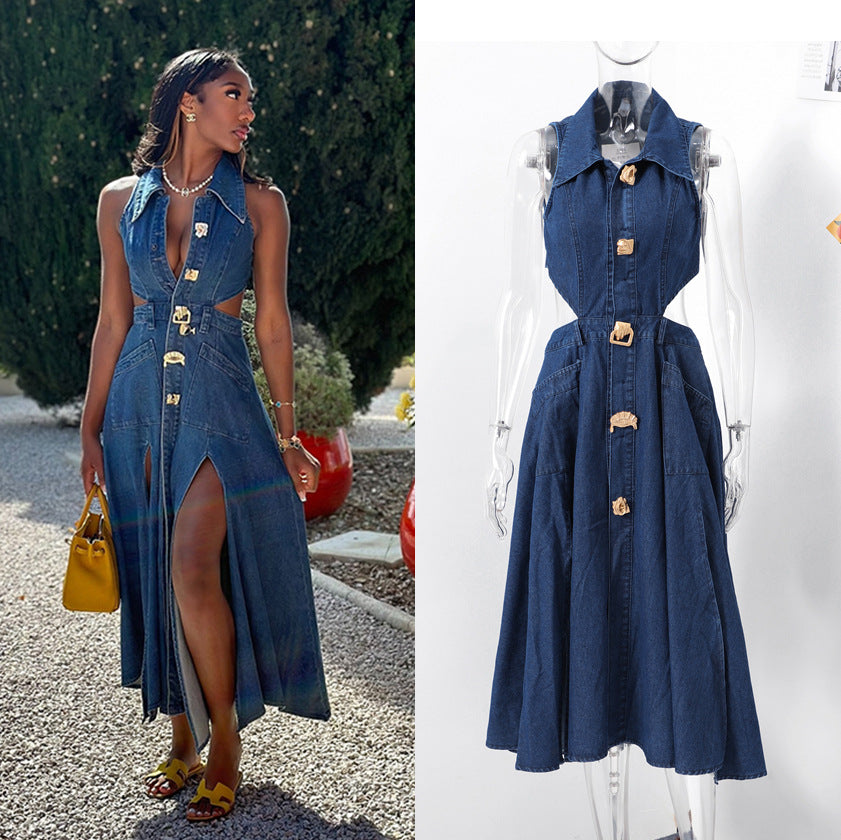 Turn-Down Collar Denim Dress Cut-Out Waist Slim Fit A-Line Slit Casual Long Dress