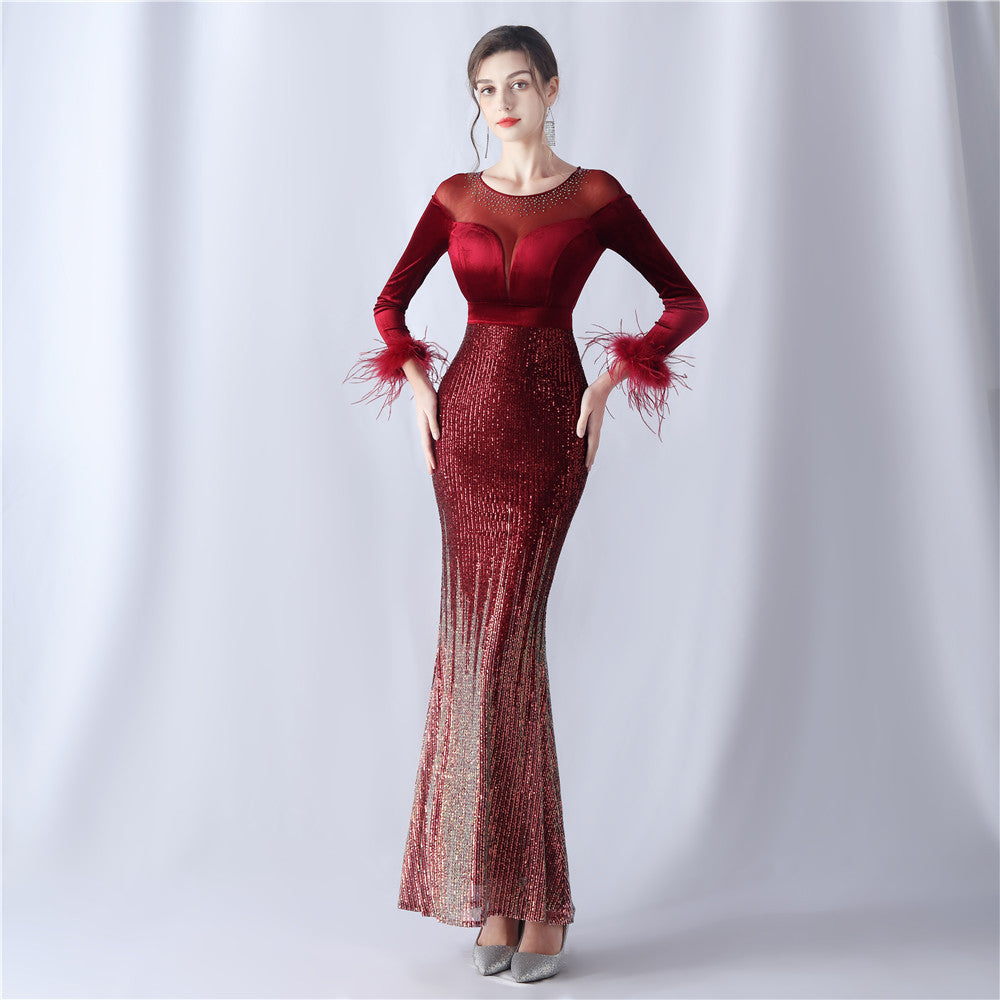 Women Gradient Beaded Velvet Evening Dress 13