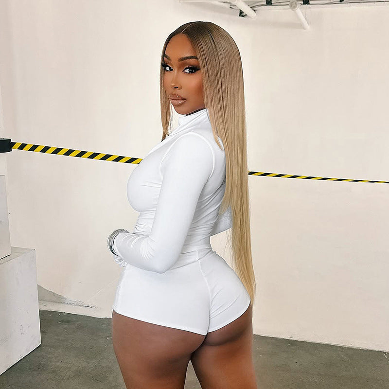 Women Autumn/Winter Stand Collar Zippered Top Shorts with Three-Piece Knee Pads 10