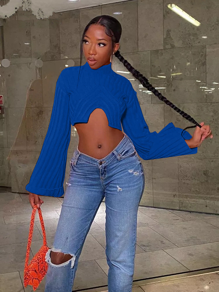 Autumn And Winter Sweater Solid Color Women Casual Long Sleeve Round Neck Classic Tight Fitting Irregular Crop Mid-Waist Women's Clothing 6