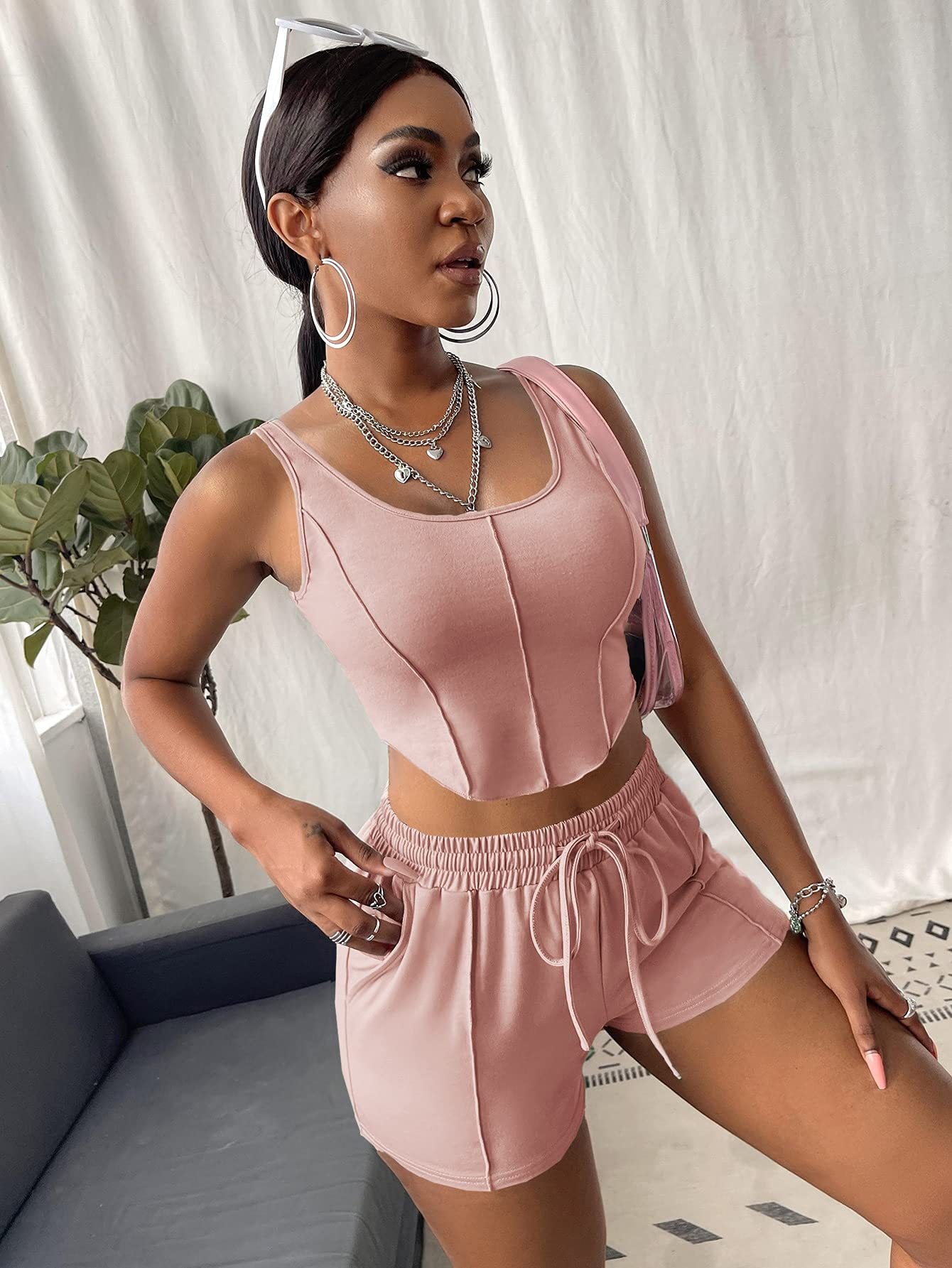 Women Sexy Irregular Top and Solid Shorts Two-Piece Set 18