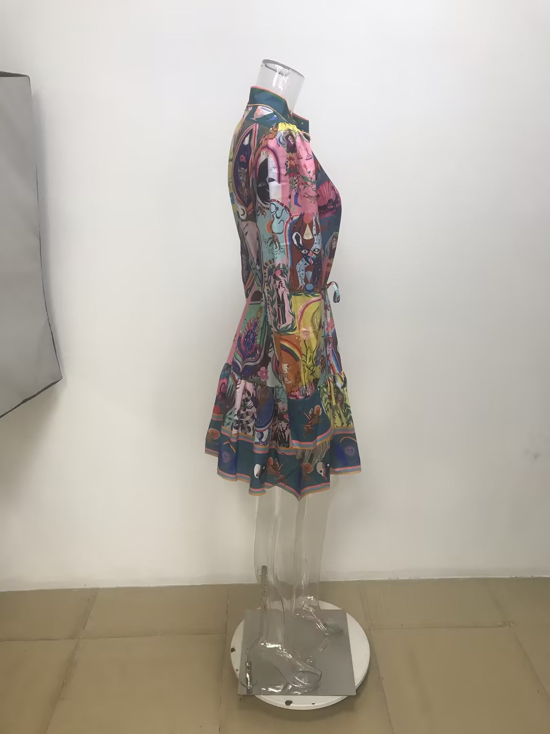 Women autumn print Round Neck lace pleated ruffle dress 8