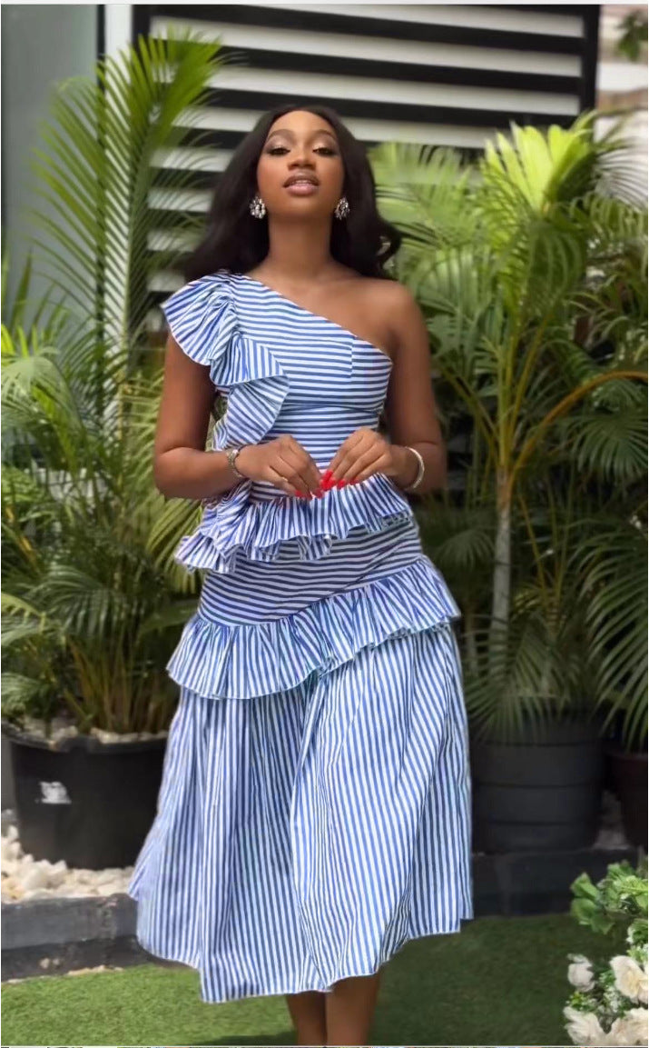 Summer Women's Slash Shoulder Ruffle Striped Sexy Dress 3