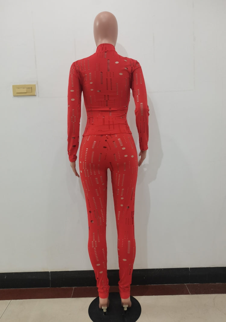 Spring Red Sexy Hollow Out Tight Top and Pants Two Piece Set 4