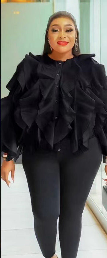 Women Round Neck Irregular Lotus Long Sleeve Casual Top Shirt 3