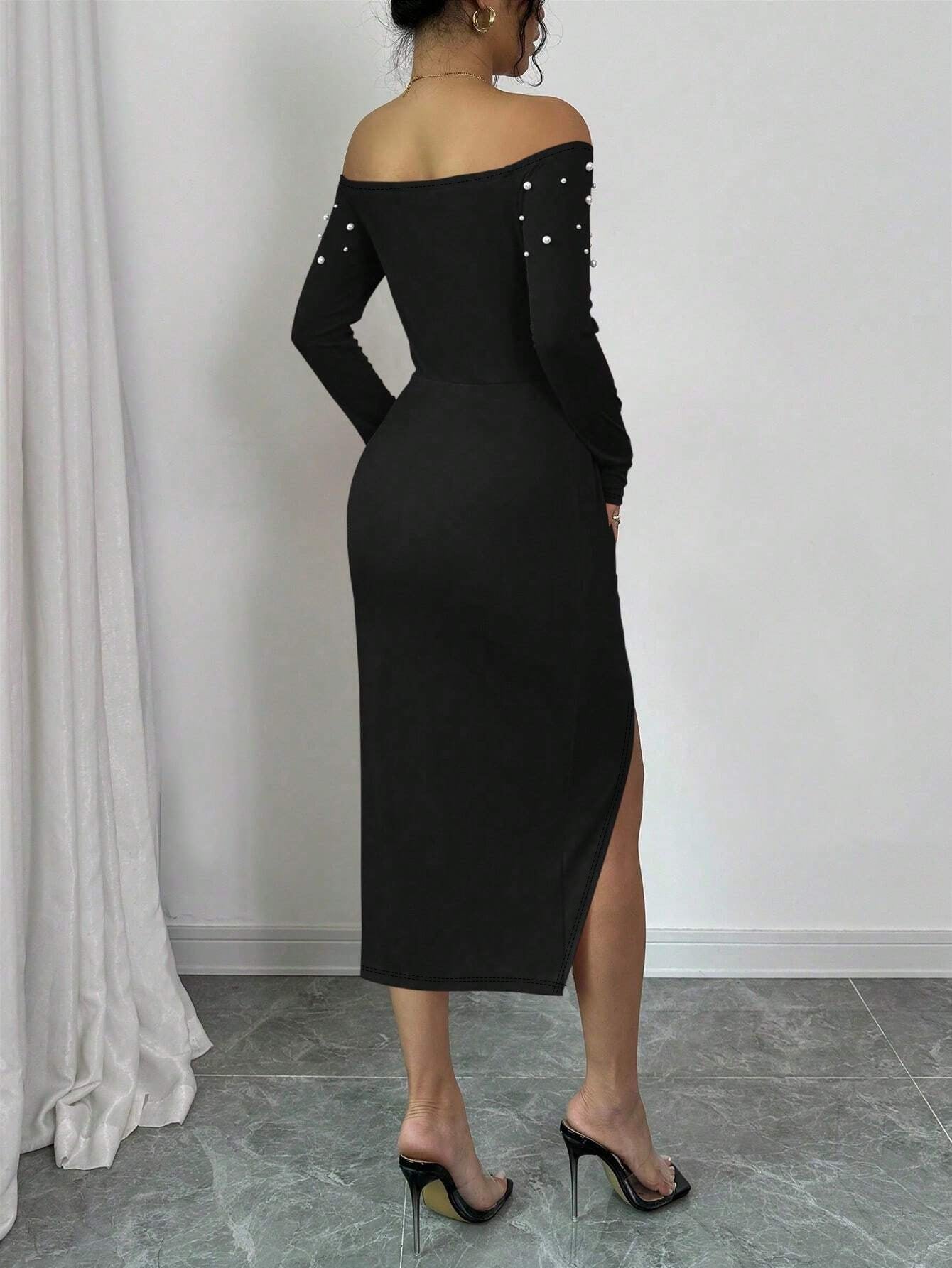 Women Off Shoulder Soild Beaded Long Sleeve Split Dress