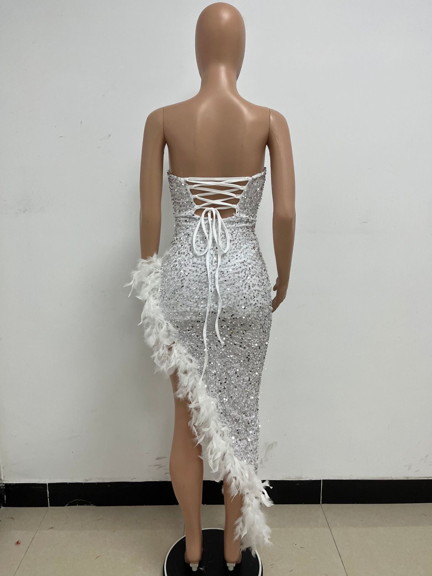 Women Sexy Off Shoulder Backless Sequin Feather Dress 49