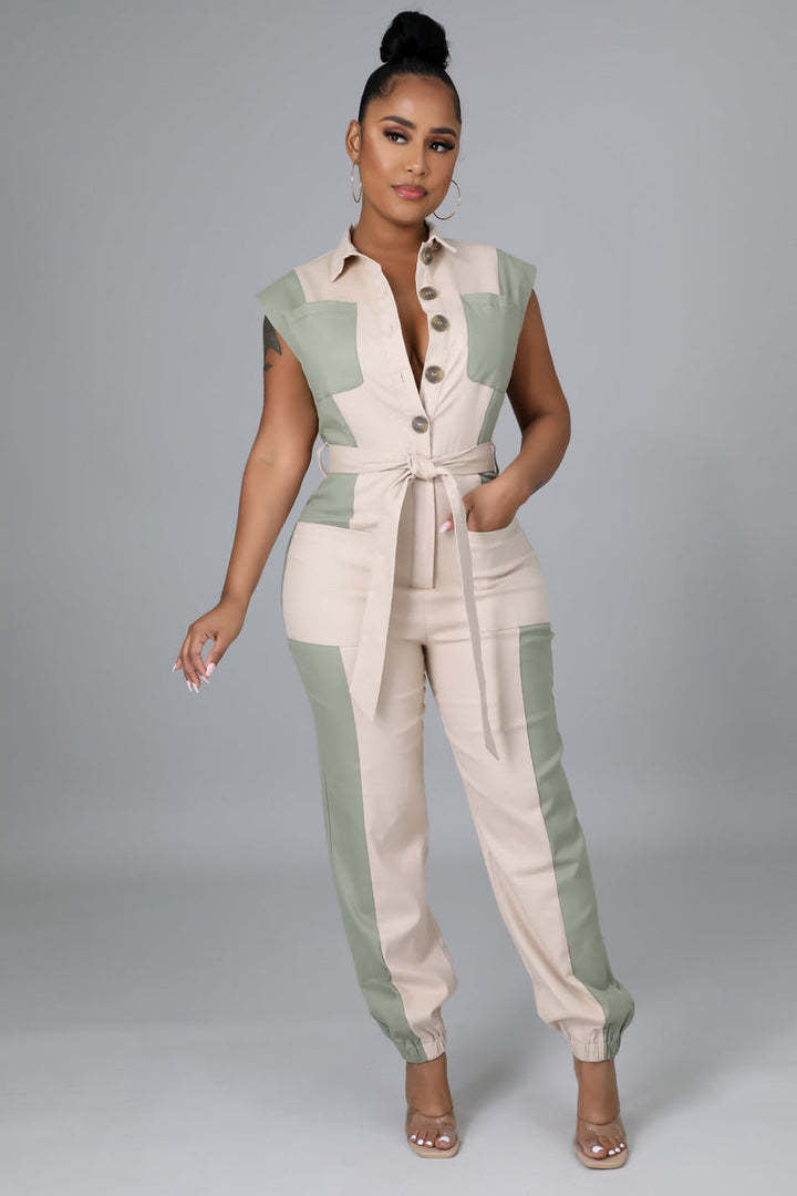 Women's Color Matching Fashion Turndown Collar Button Belt Jumpsuit 3