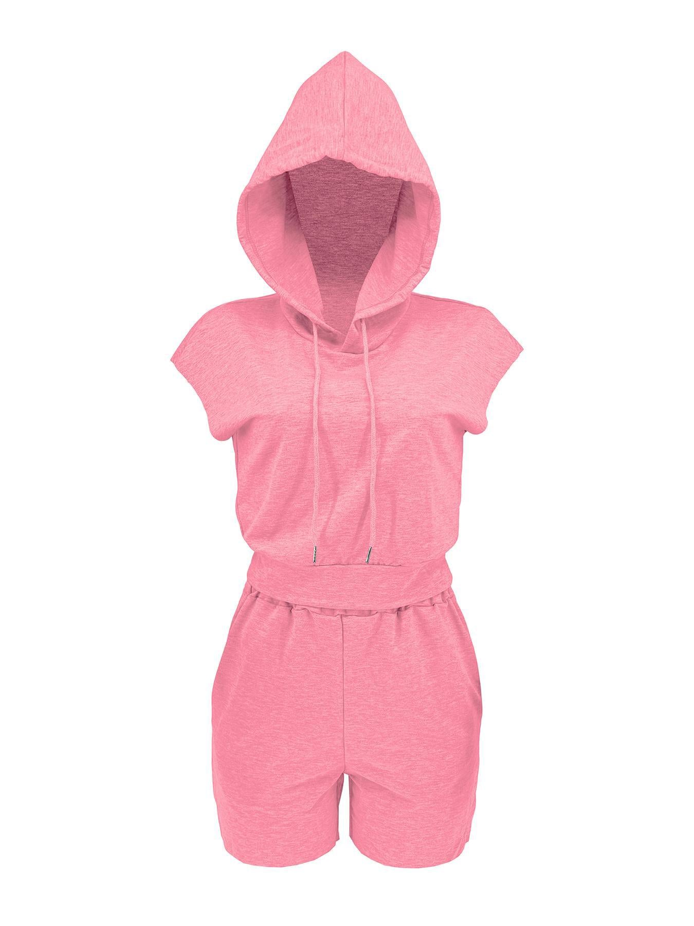 Women Summer Hooded Pocket Sports Solid Top and Shorts Casual Two-piece Set 13