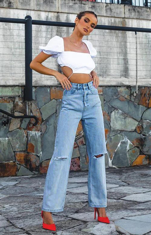 Women Ripped Straight Denim Pants