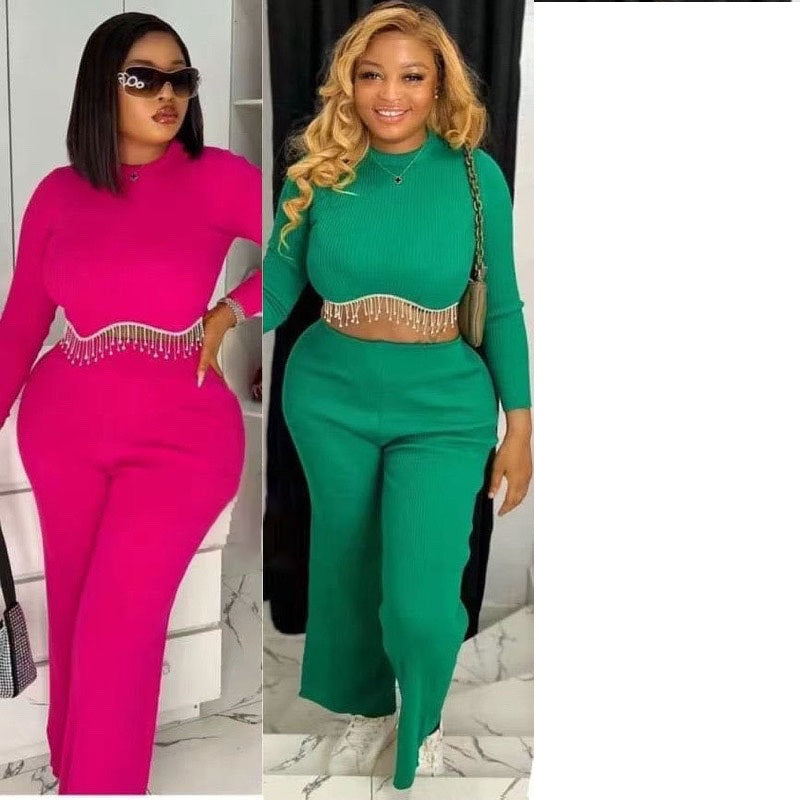 Women Patchwork Chain Round Neck Long Sleeve Top and Pants Two Piece 4