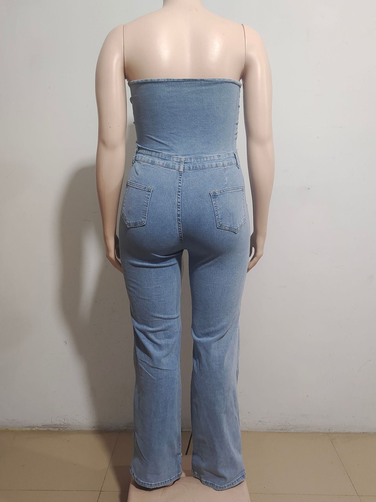 Women Strapless Cargo Denim Jumpsuit 7