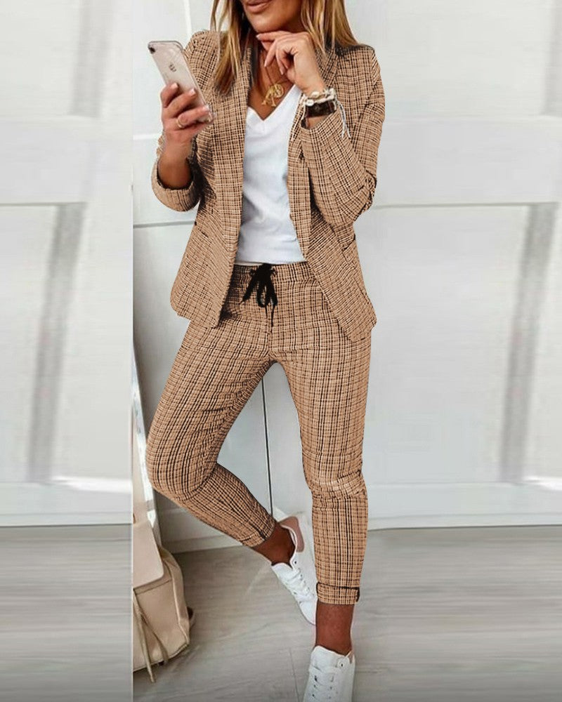 Casual Fashion Suit Women's Plaid Blazer and Pants Suit 13