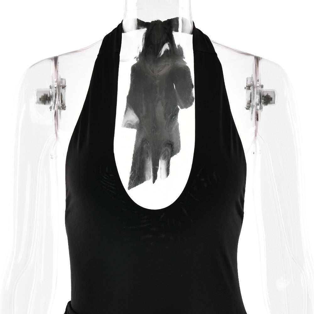 Women Halter Neck sexy slit pleated Backless jumpsuit and skirt two-piece set 17