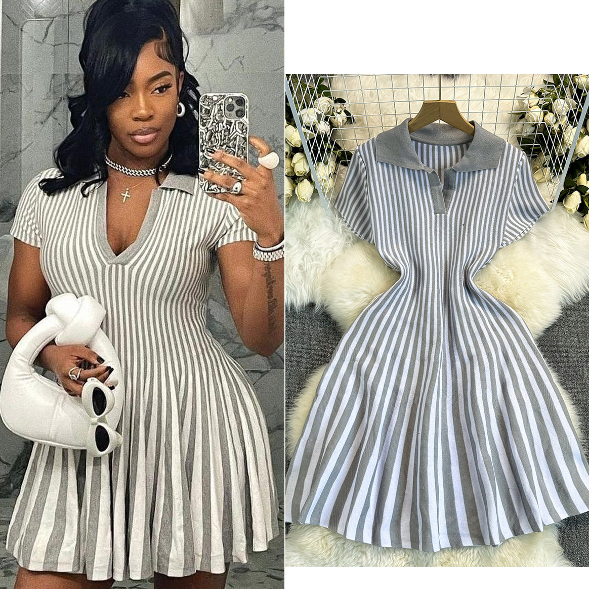 Contrast Turndown Collar Short-Sleeved Striped Women's Slim Waist Knitting Dress 8