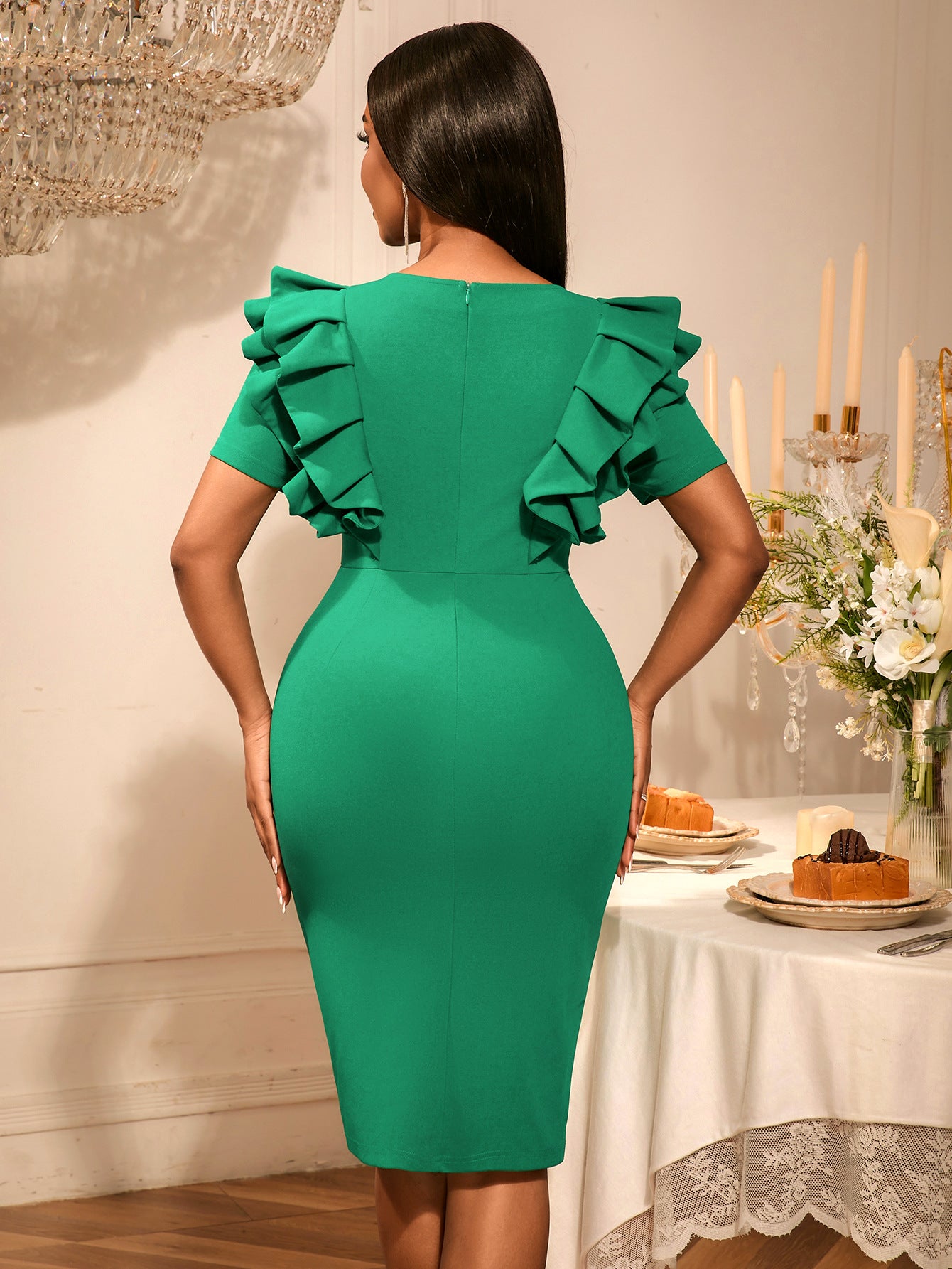 Women Sexy V-Neck Ruffle Beaded Slit Formal Party Bodycon Dress 6