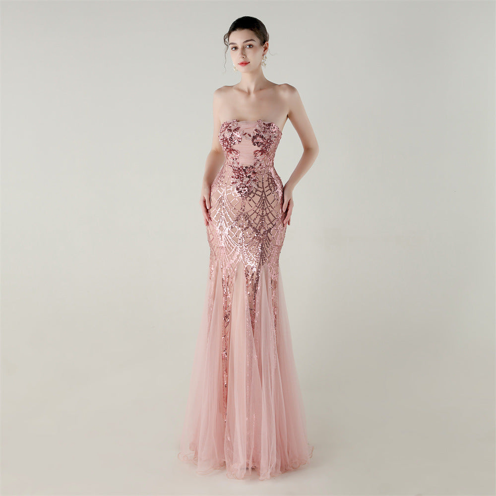 Women Strapless cross Lace-Up sequined tube flower sequined mesh evening dress Formal Party evening dress 20