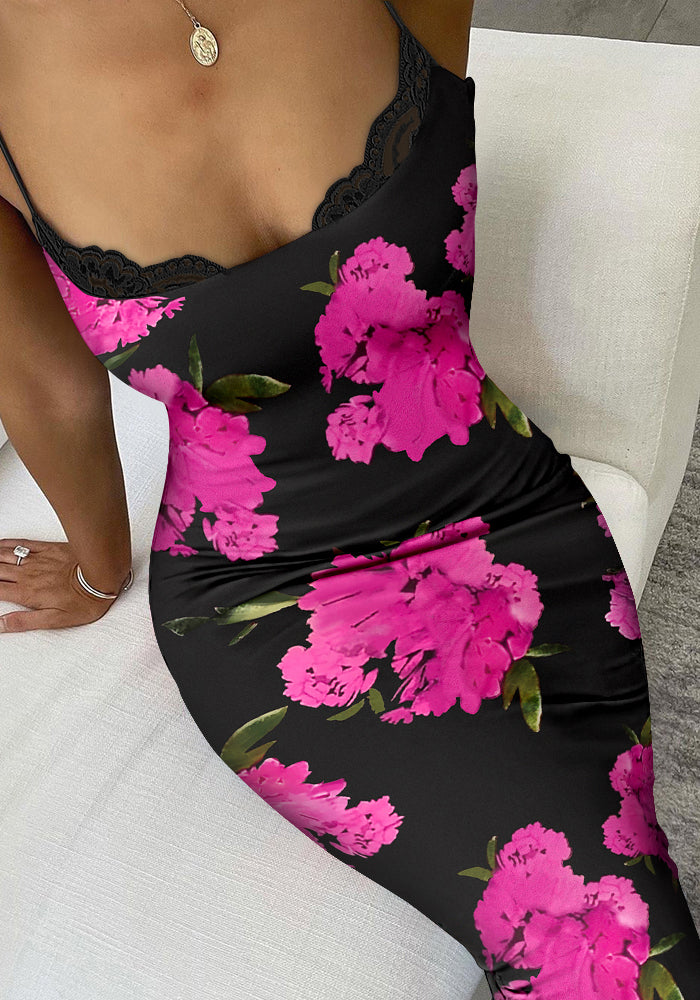 Women Blue Floral Print Patchwork Lace Suspender Dress