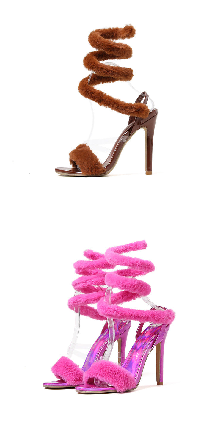 Women shoes faux fur stiletto high heel sandals 10