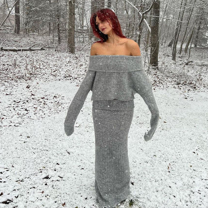 Women Off Shoulder Long Sleeve Loose Solid Knitting Sweater