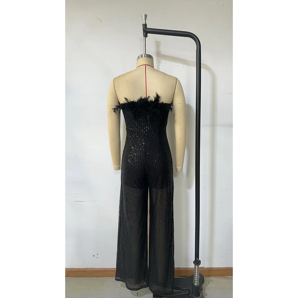 Autumn Winter Fashion Chic Feather Sequin Slim Strapless Party Long Jumpsuit 10