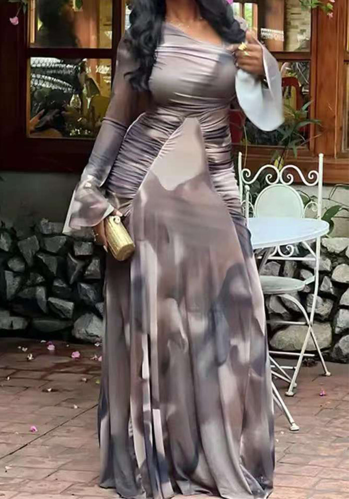 Women Autumn Printed Slash Shoulder Pleated Maxi Dress