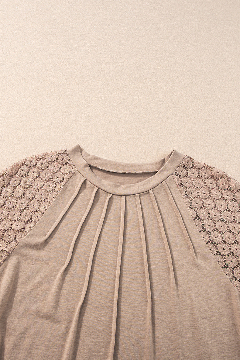 Women Spring and Summer Solid Hollow Lace Short Sleeve Round Neck Crumpled Dress 16