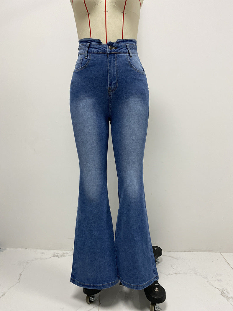 Spring Washed Denim Pants For Women Slim High Waist Bell Bottom Jeans 7