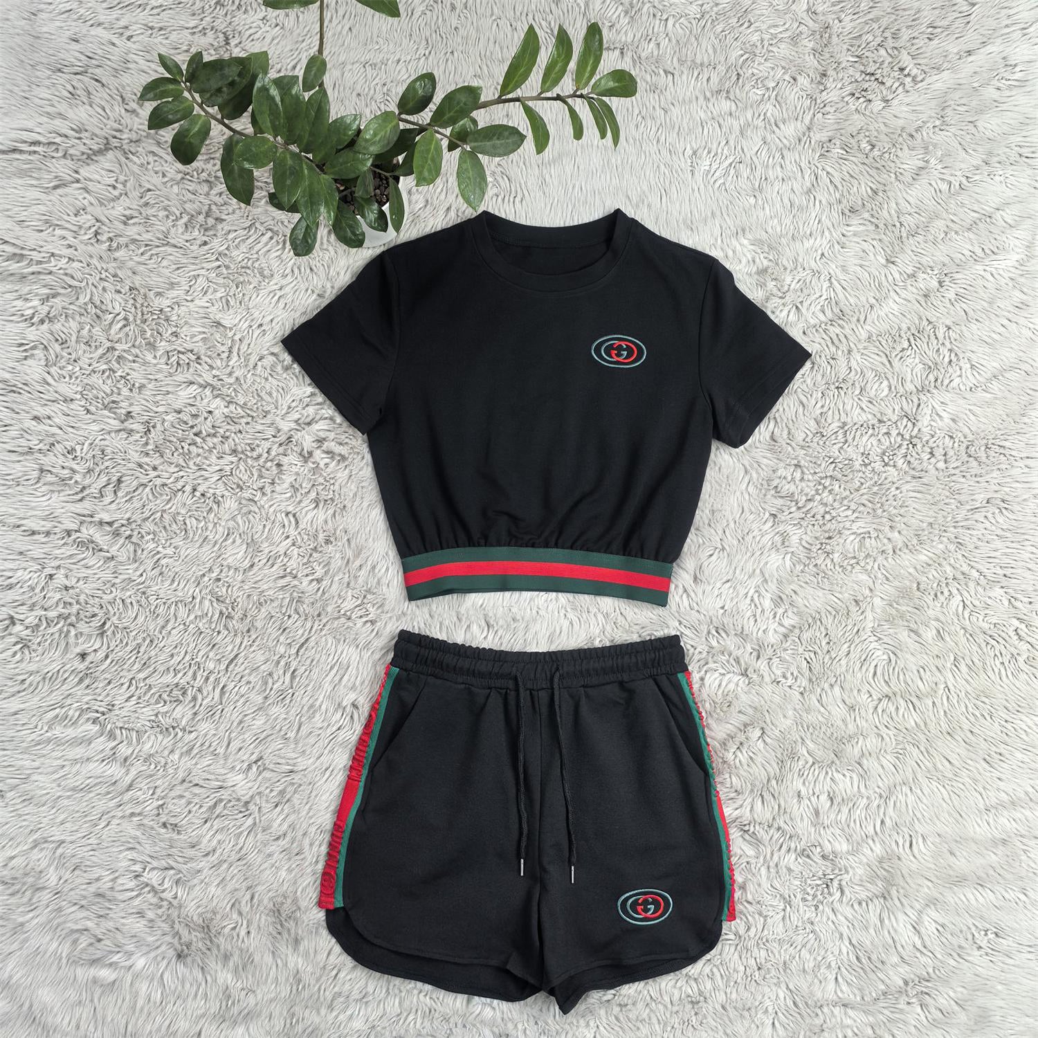 Women's Fashion Casual Cotton Trendy Embroidered Embossed Ribbon Short-Sleeved Shorts Set 15