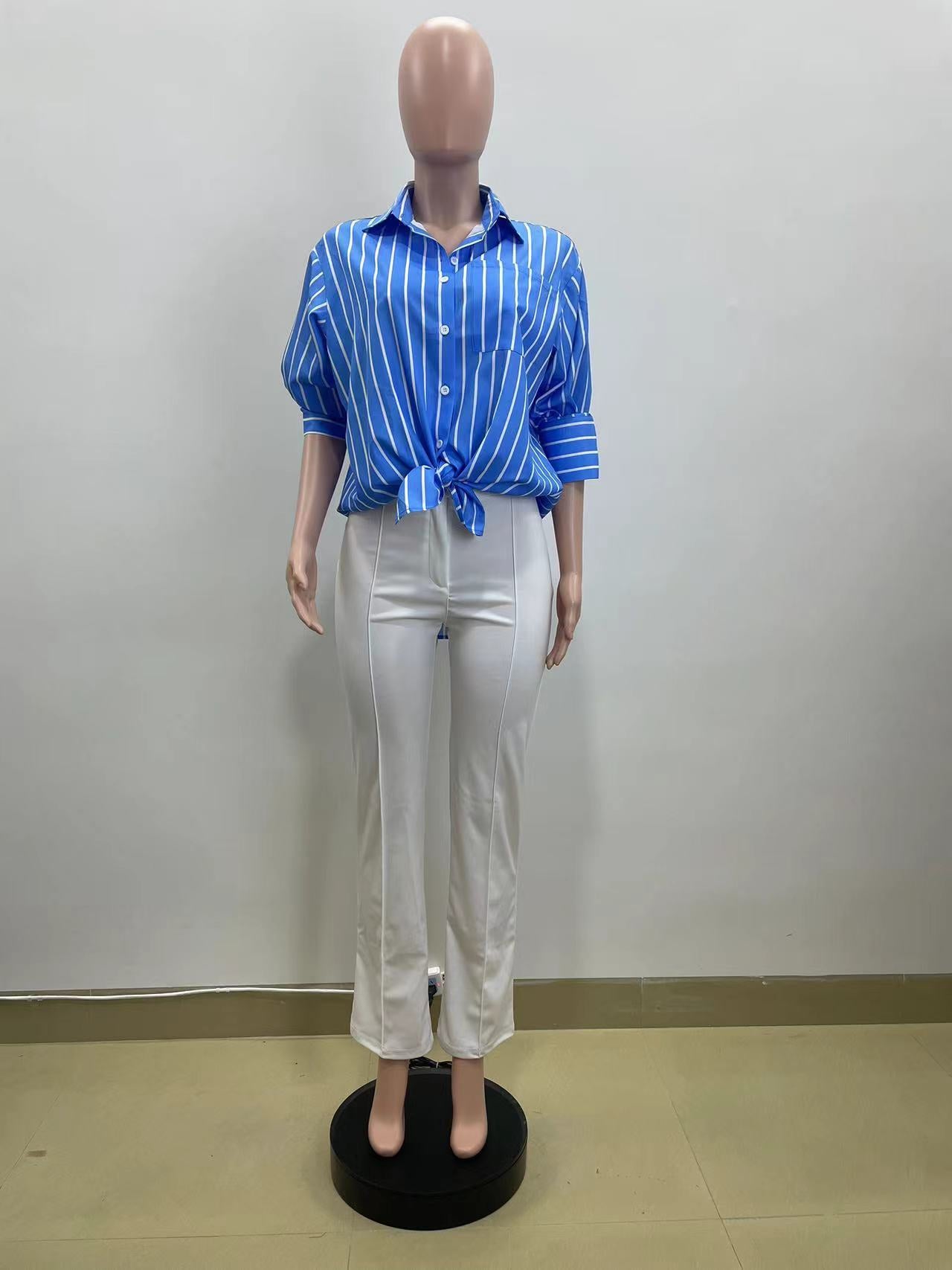 Spring Casual Blue And White Striped Career Loose Shirt 13