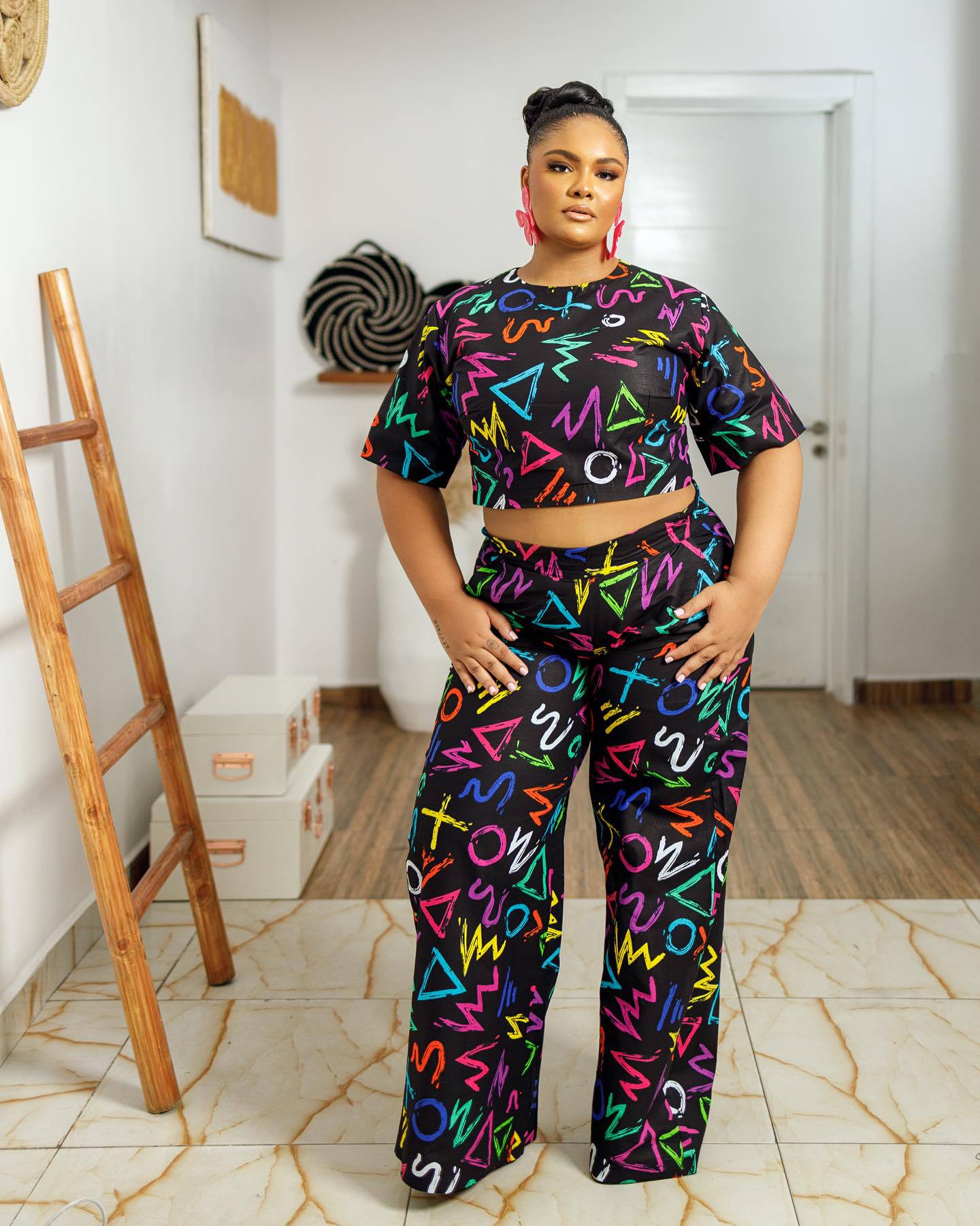 Women Sexy Printed Wide-Leg Stretch Crop Top Two-piece Set