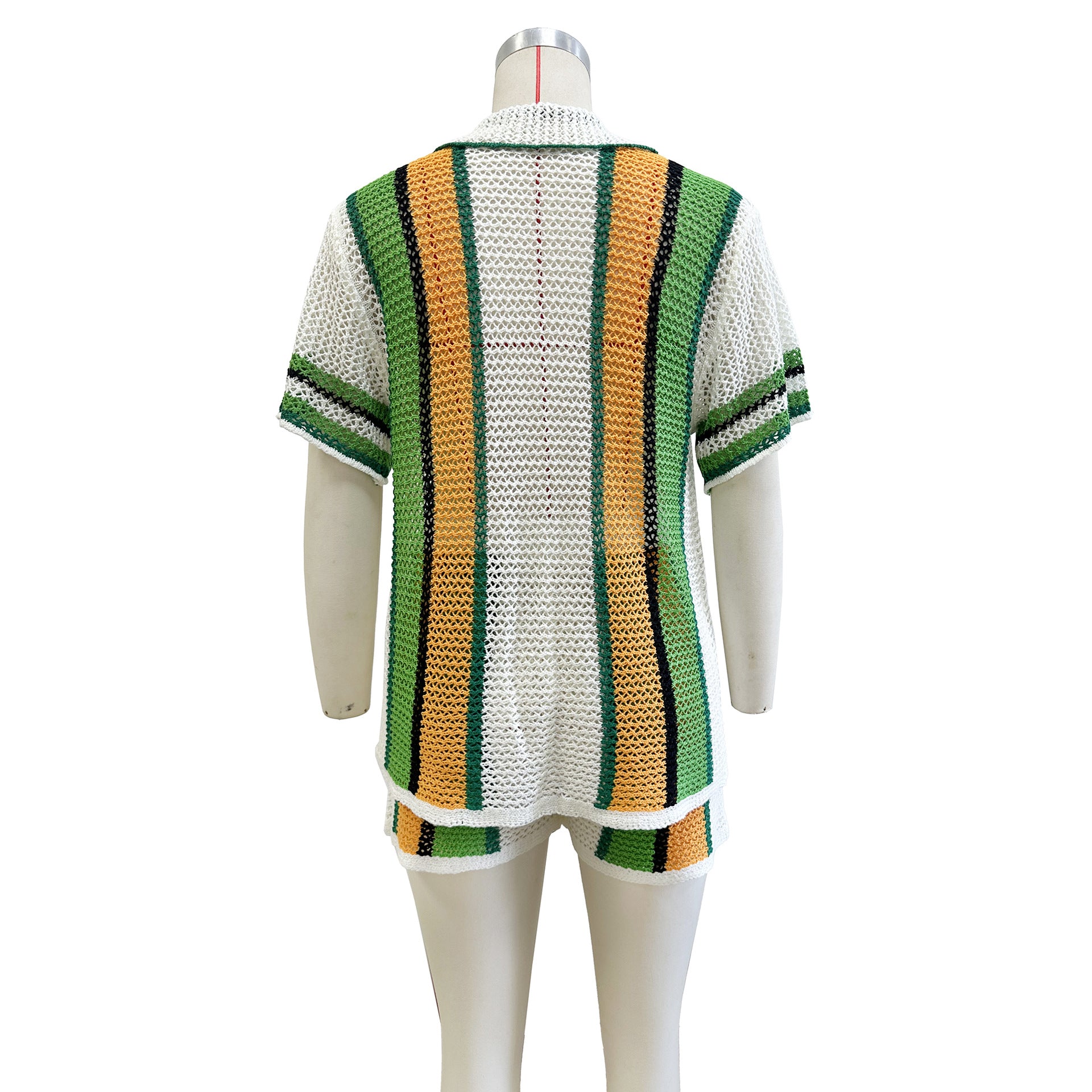 Women's Sexy Hollow Turn-Down Collar Knit Shorts Set 11