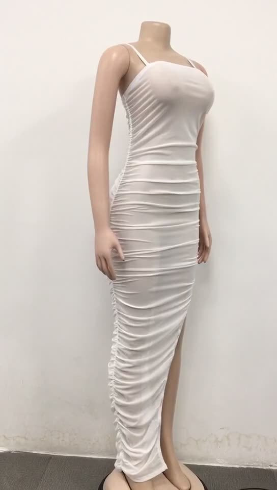 Women sexy suspender mesh See-Through pleated slit dress 16