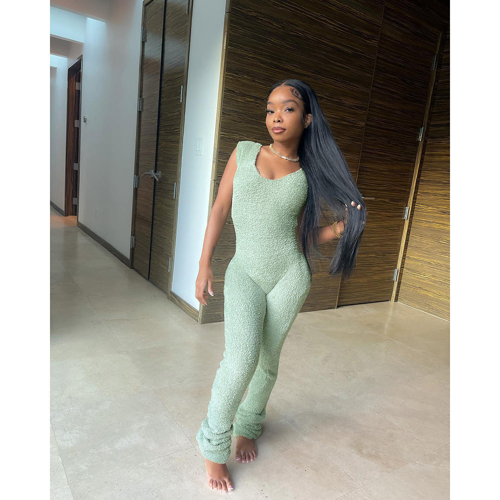 Women's Spring Summer Fashion Rice Grain Fleece Comfortable Sleeveless Pants Jumpsuit