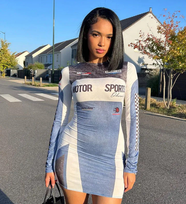 Women's Fashion Casual Sports Print Long Sleeve Round Neck Sexy Bodycon Dress 7