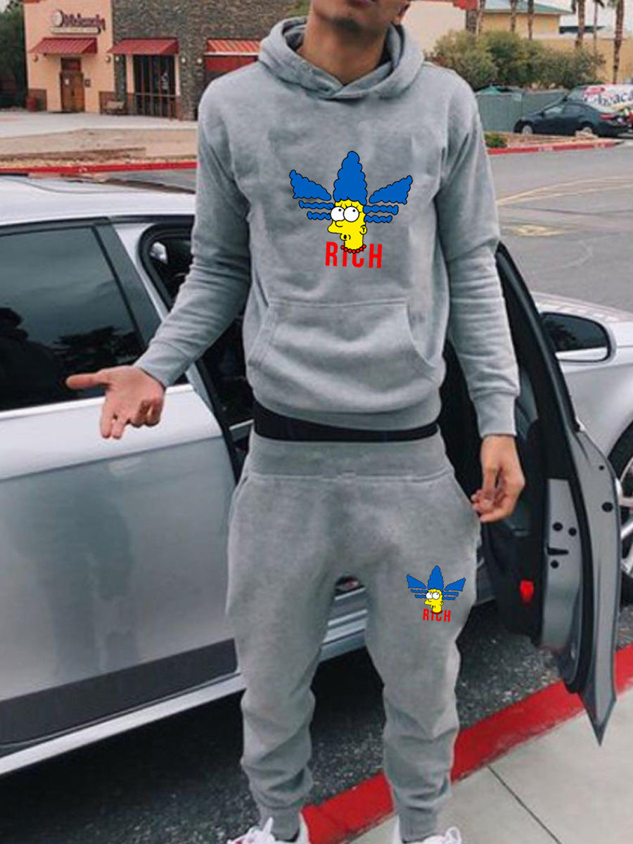 Autumn And Winter Fashionable Printed Fleece Hooded Sports Two Piece Set